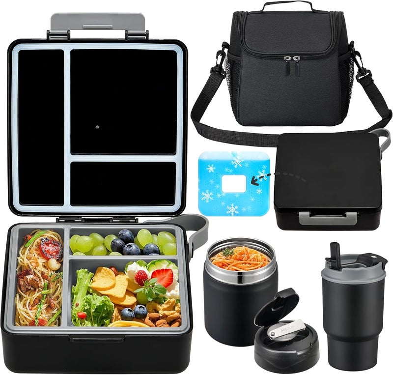 Howeemo Bento Lunch Box for Kids with 17oz Soup Thermo,Insulated Tumbler Water Bottle and Insulated Lunch Bag,Leak-Proof 3 Compartment Lunch Food Container with Ice Pack for Kids to School-Black - Image 1